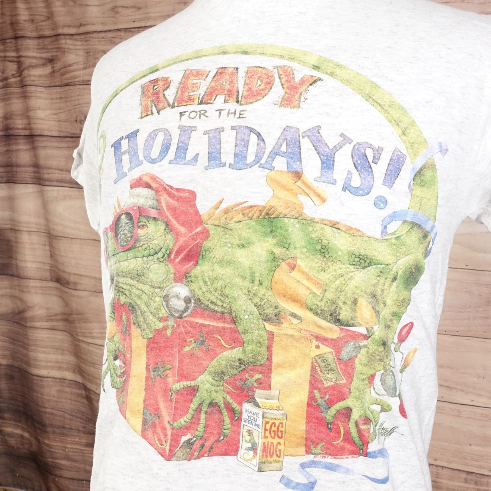 Vintage VINTAGE Caribbean Soul USA SINGLE STITCH READY FOR THE HOLIDAYS IGUANA TSHIRT L Shirt Unisex Adults Gray L Mens Size US L / EU 52-54 / 3 - 2 Thumbnail
