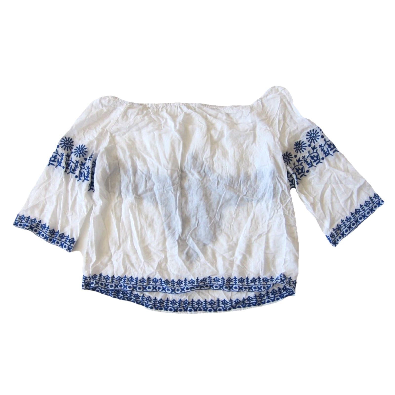 Vintage Gianni Bini Blouse Shirt Off Shoulder 100% Rayon White Blue Embroidered Peasant M Womens Size M / US 6-8 / IT 42-44 - 2 Thumbnail