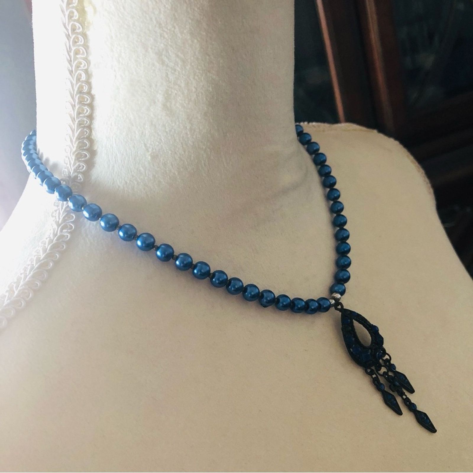 Handmade Handcrafted repurpose blue stone fringe Pearl necklace Size ONE SIZE - 4 Thumbnail