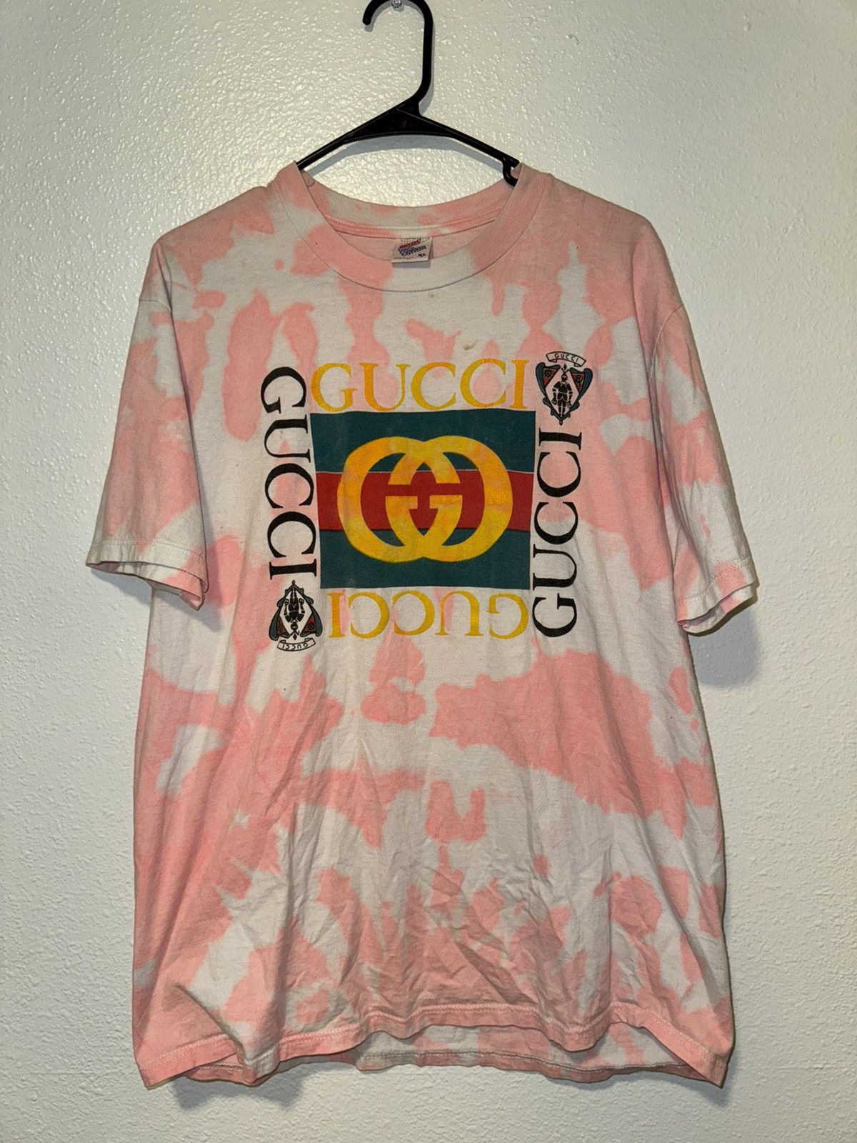 image of Vintage Pink And White Gucci Bootleg Tee, Men's (Size XL)