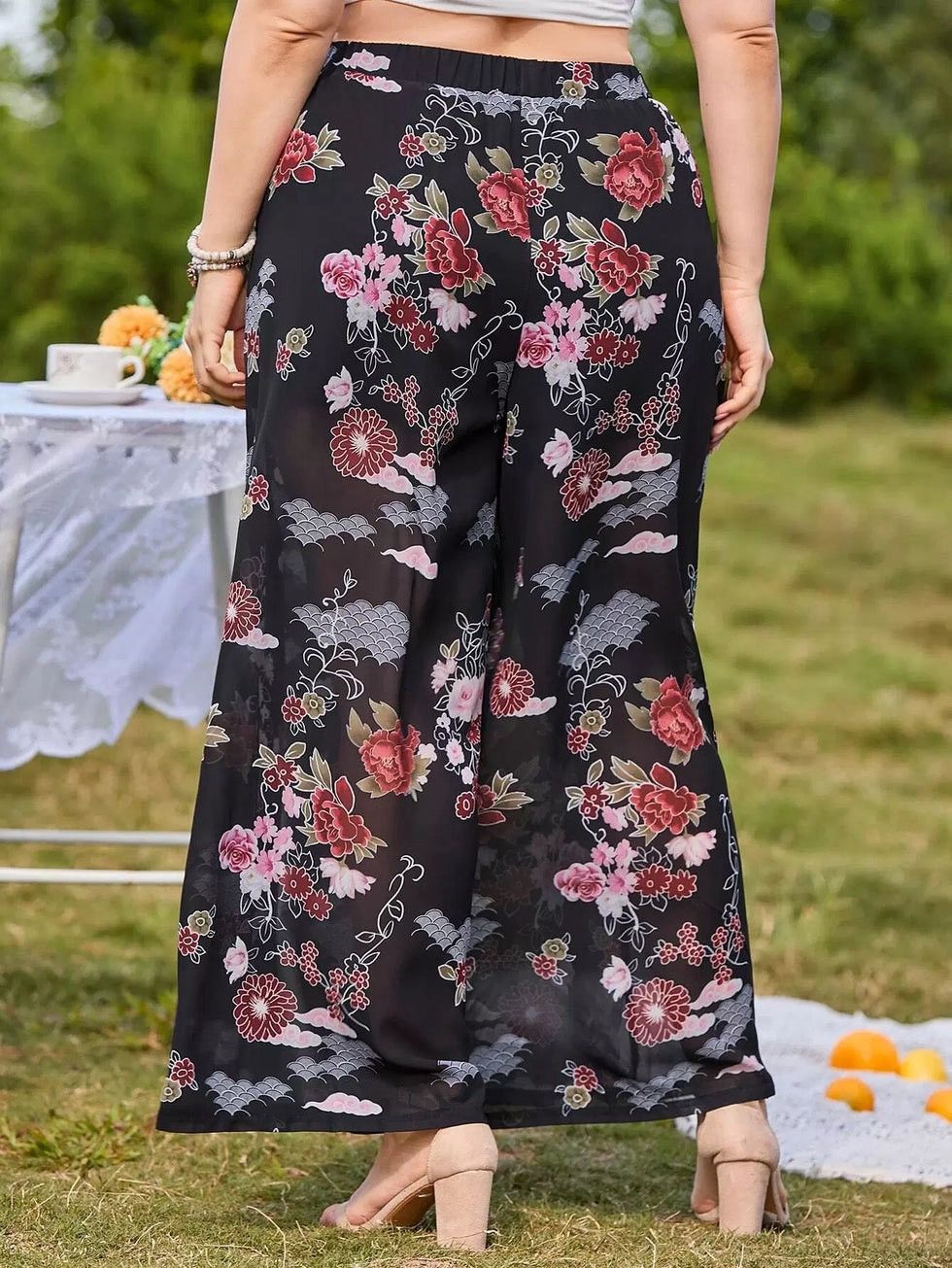 Other Black Floral Wide-Leg Asian Palazzo Semi Sheet Pants Size 32" / US 10 / IT 46 - 2 Thumbnail