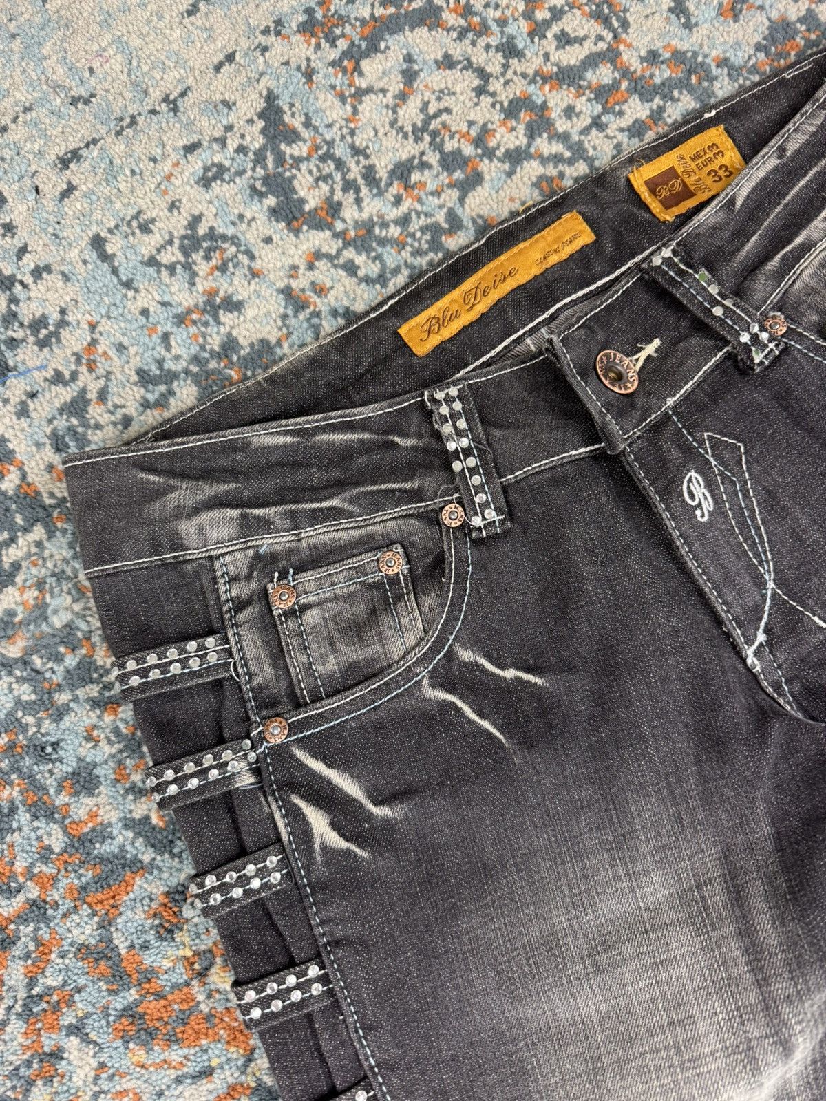 Japanese Brand × Vintage Vintage Y2K Crazy open leg side flared crystal studded denim Size 33" - 10 Thumbnail