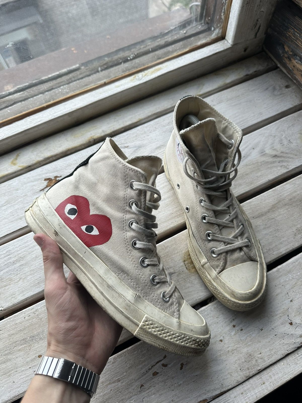 Comme des Garcons PLAY × Converse 🚨RARE BEIGE CDG CONVERSE RED HEART VINTAGE DISTRESS TRUE Size US 7.5 / IT 37.5 - 1 Thumbnail