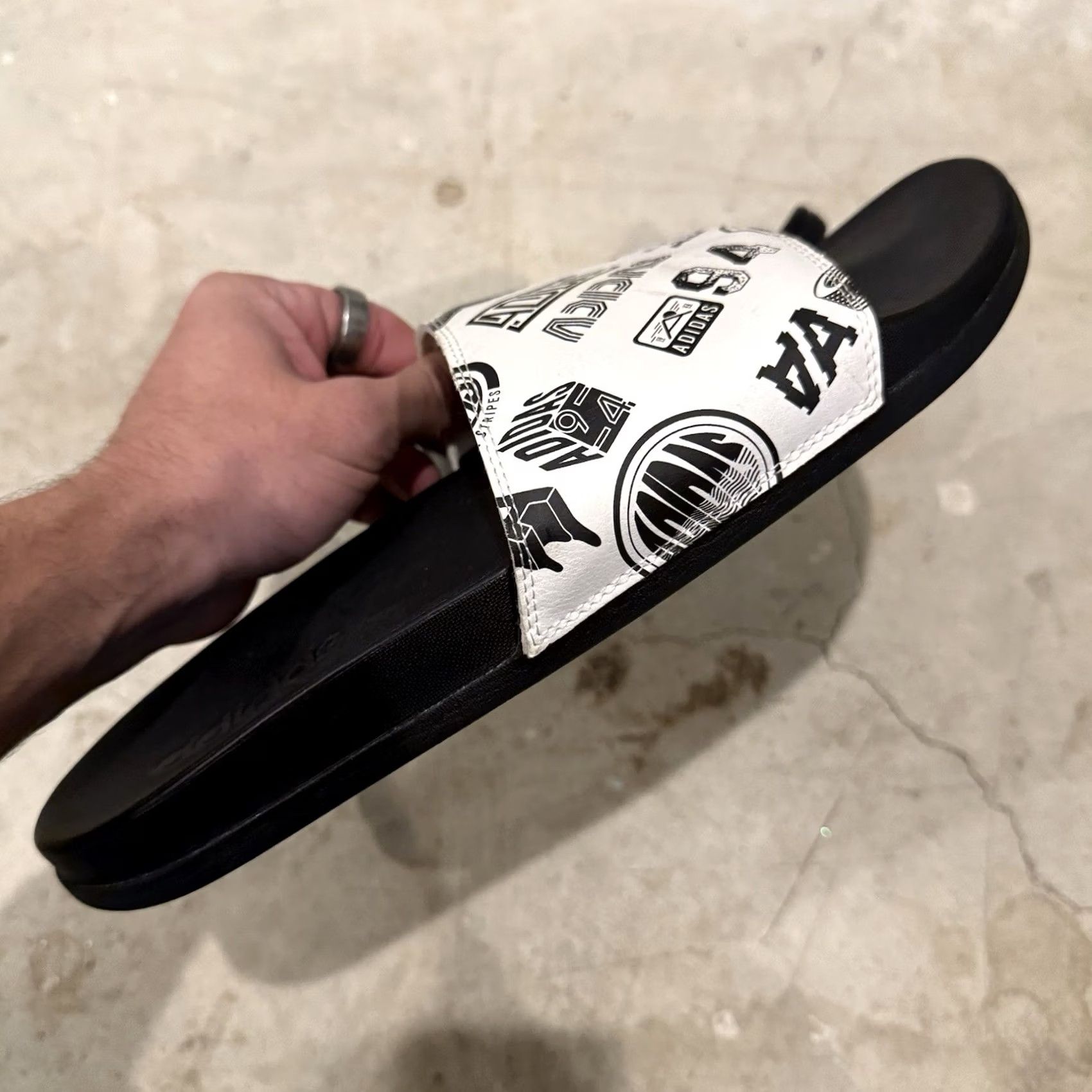 Adidas Adidas FZ1751 Mens Size 11 Black/White Adilette Print Comfort Slide Sandals - Vintage Style Size ONE SIZE - 2 Thumbnail