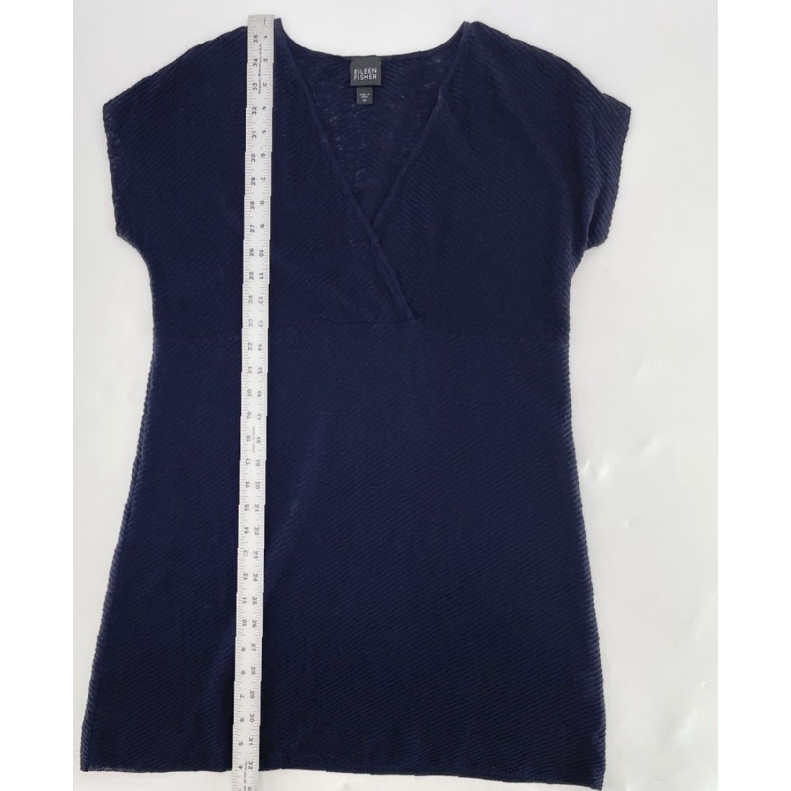 Eileen Fisher Eileen Fisher Navy Blue V-Neck Faux Wrap Knit Dress XS Linen Short Sleeve Casual Lightweight A-Line Classic Womens Size XS / US 0-2 / IT 36-38 - 6 Thumbnail