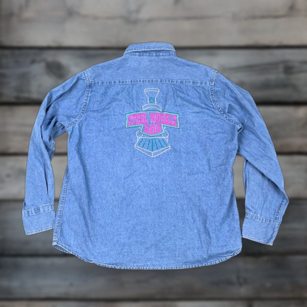Vintage Harriton Steel Wheels Band Denim Button-Up Shirt Blue Women's Large 90s Hipster Grunge Size L / US 10 / IT 46 - 1 Thumbnail