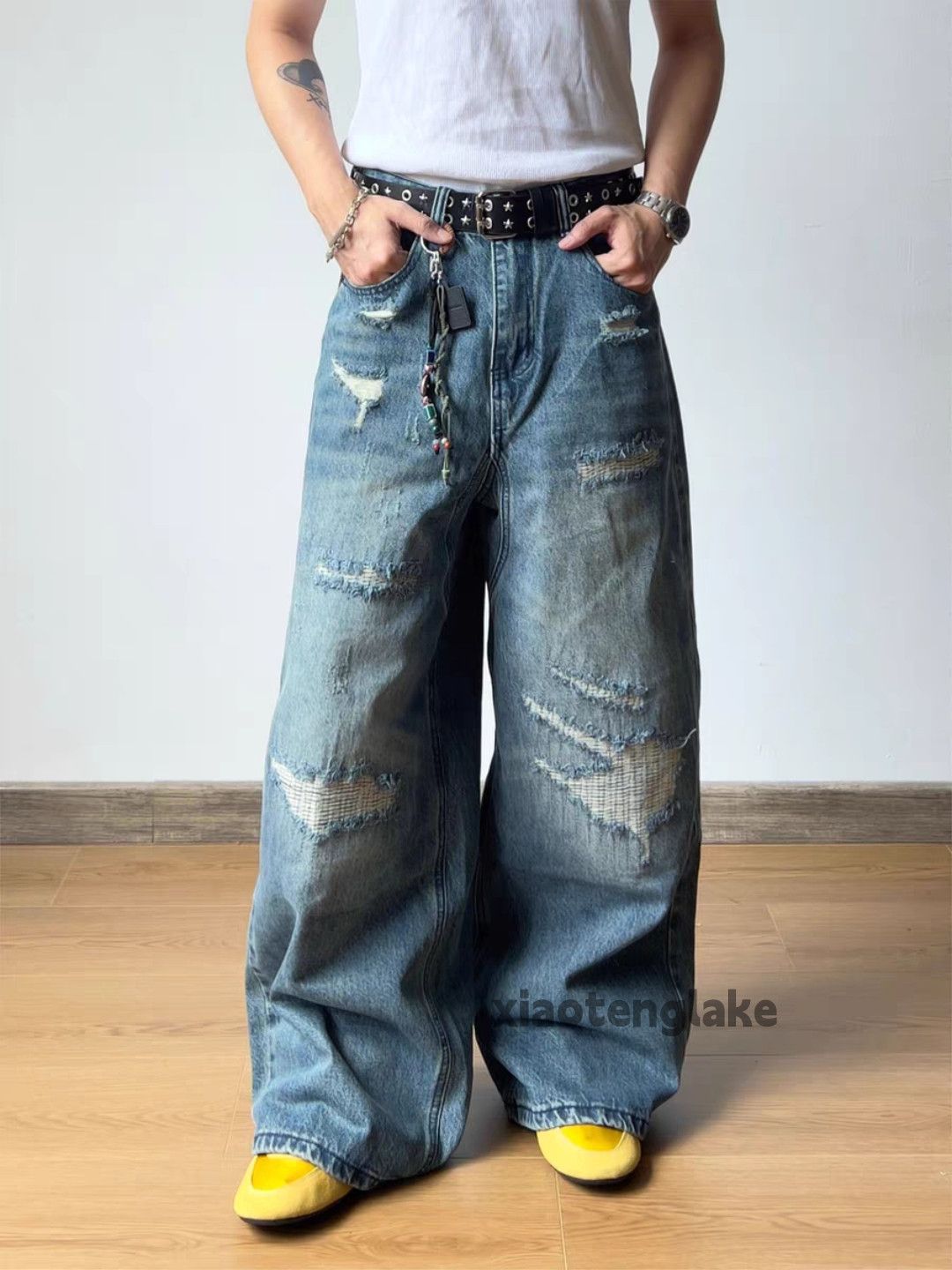 パンツ CONP Washed Sequined Ripped Jeans zx vintage washed faded punk hiphop ripped jeans
