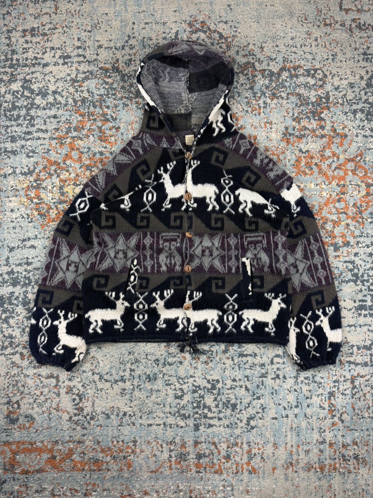 Handmade × Vintage Vintage 90s Andes handmade fuzzy knit sweater hoodie Size US L / EU 52-54 / 3 - 1 Thumbnail