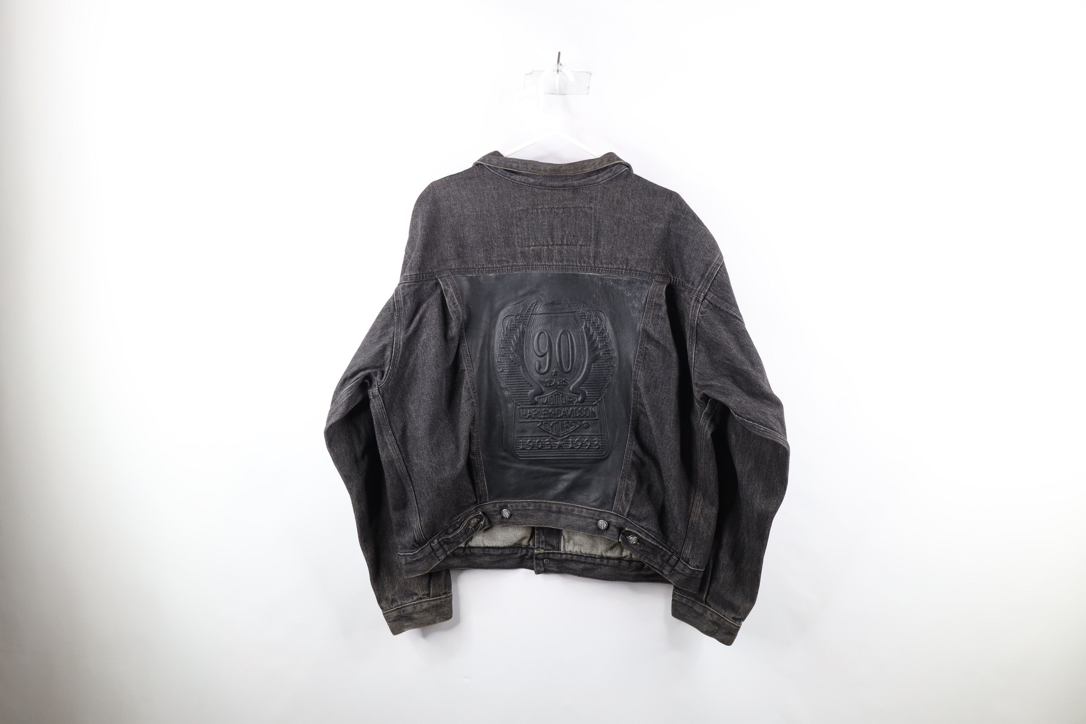 Harley Davidson × Vintage Vintage 90s Harley Davidson Leather Denim Trucker Jacket Size US XL / EU 56 / 4 - 9 Thumbnail