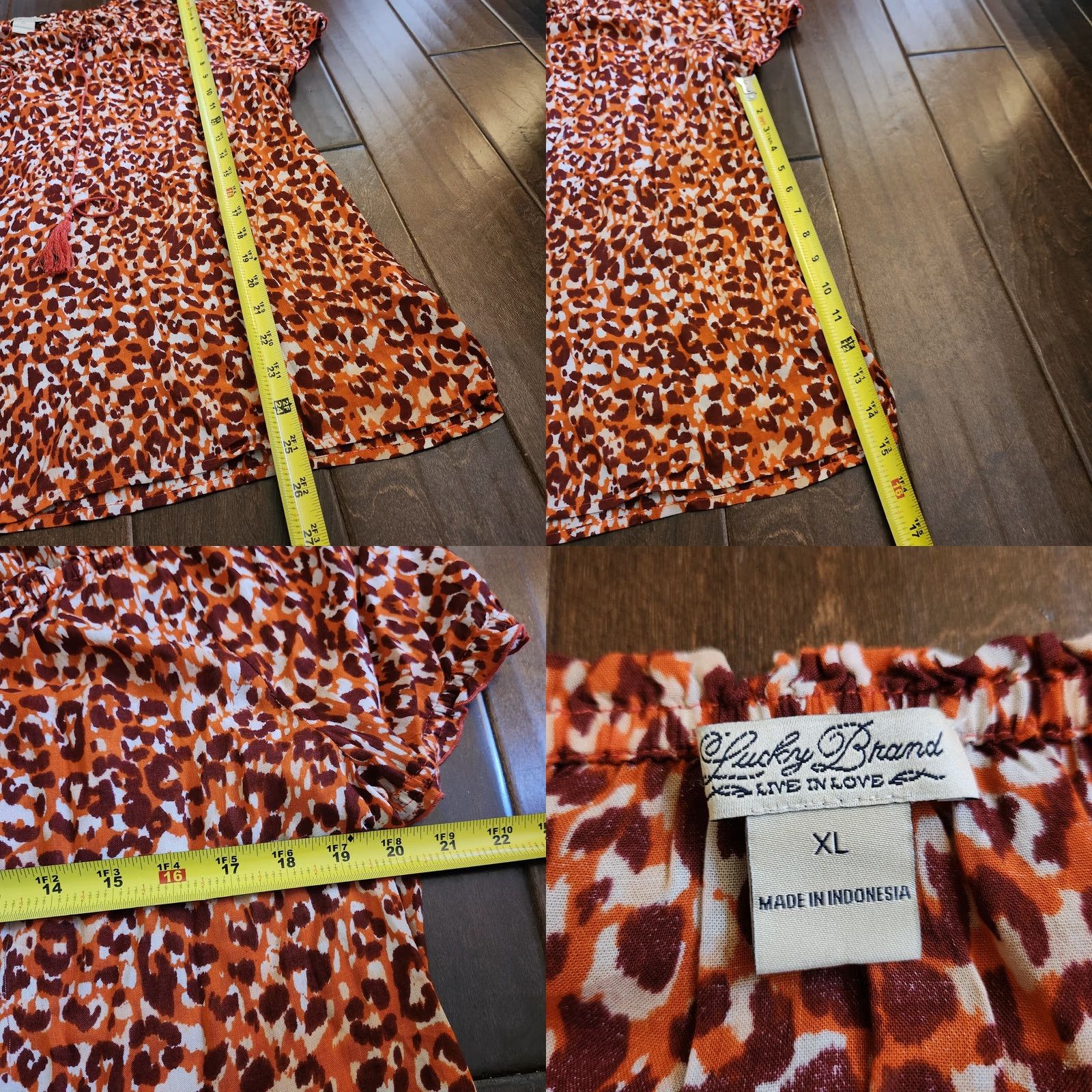 Lucky Brand Lucky Brand Leopard Cheetah Print Blouse W/ Tassel - Size XL, Multicolor, Short Sleeve, Rayon, Pullover, Regular Fit, Women's Blouse Size XL / US 12-14 / IT 48-50 - 8 Thumbnail