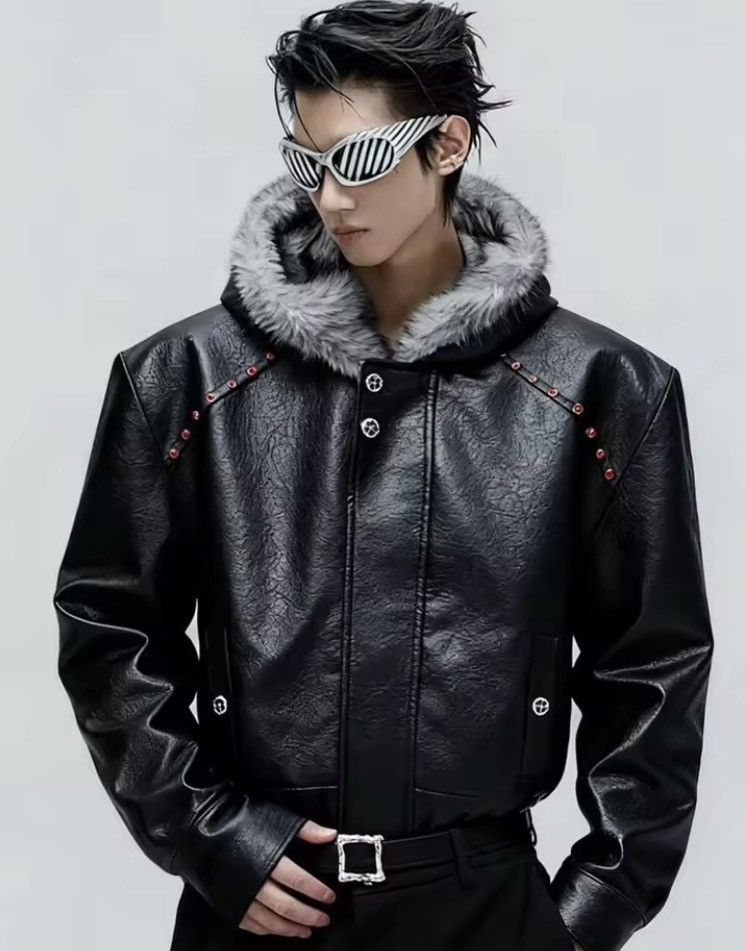 Japanese Brand Black Faux Leather Bomber Jacket with Fur Collar Size US XL / EU 56 / 4 - 5 Thumbnail