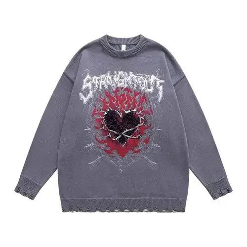 Oversized Knit Flame Thorn Heart Goth Sweaters