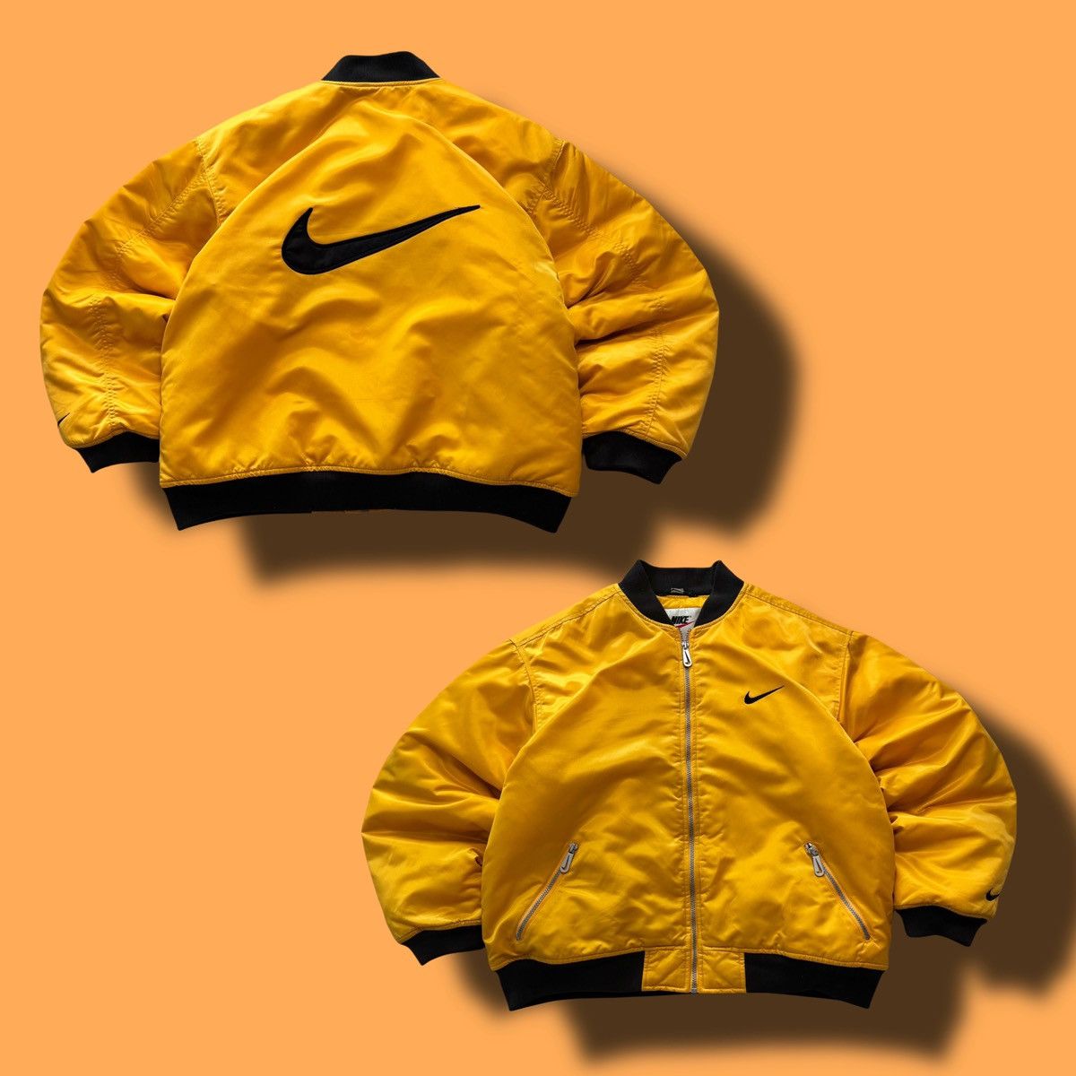 Vintage 90s Nike Big Swoosh Bomber Jacket Puffer Pullover Black White XXL