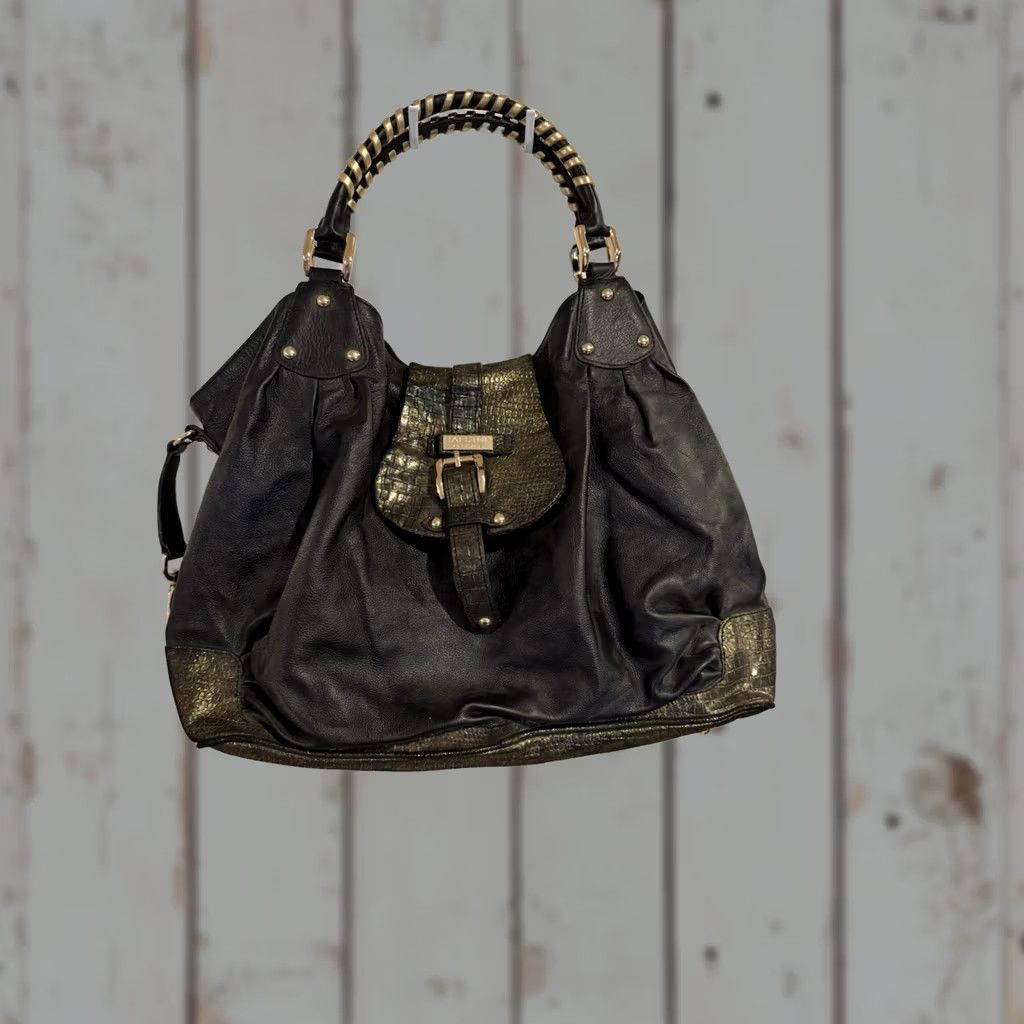 Halston VINTAGE Halston Y2K Large Black Gold Handbag Shoulder Bag Women Adults Large Black Gold Zipper Pull Missing Inside Leather 90s Style Size ONE SIZE - 1 Thumbnail