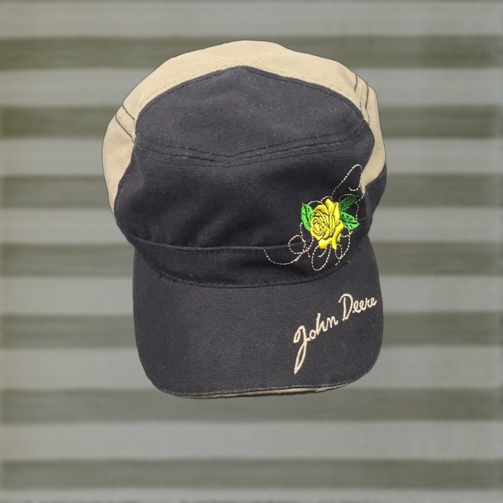 John Deere John Deere Strap Back Hat Embroidered Green & Yellow Rose 100% Cotton Black/Tan Size ONE SIZE - 1 Thumbnail