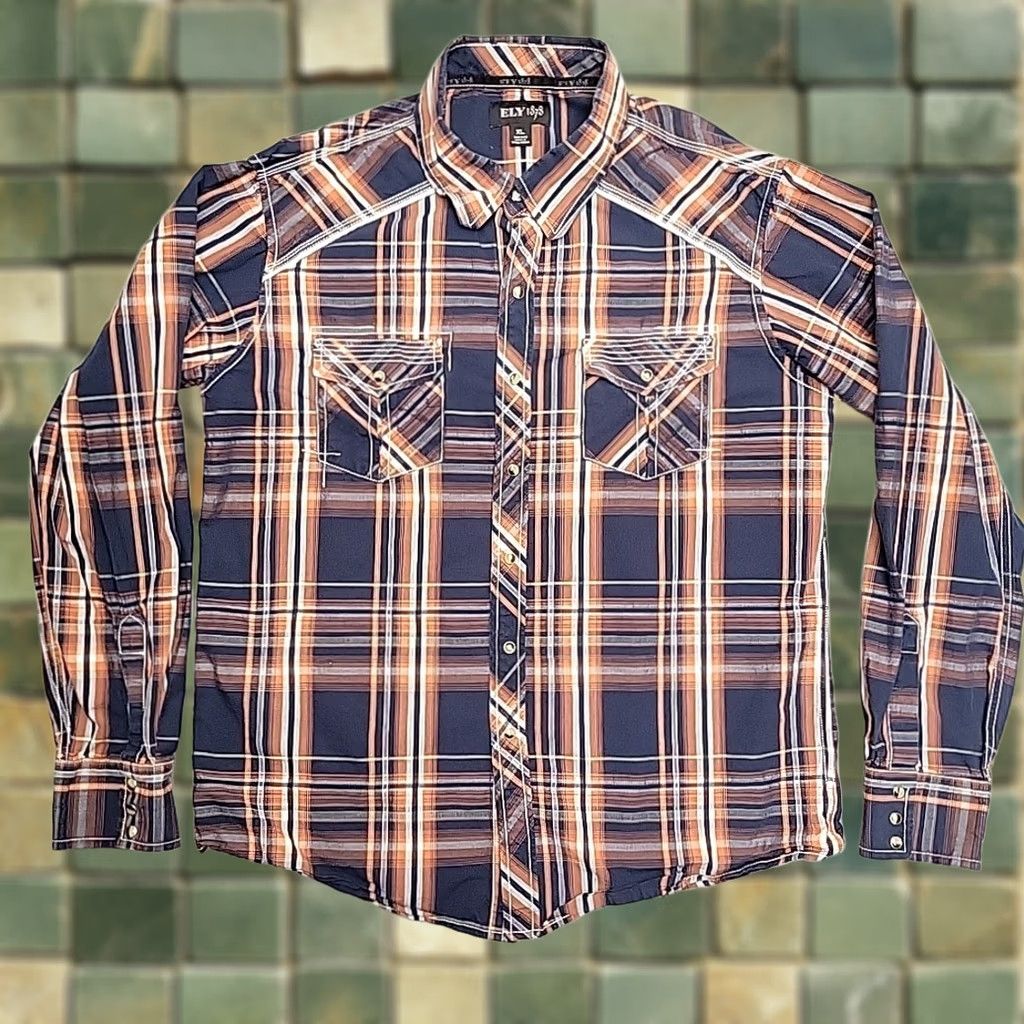Vintage Ely 1878 Western Shirt Men XL Navy Orange Plaid Pearl Snap Cowboy Rodeo Size US XL / EU 56 / 4 - 1 Thumbnail