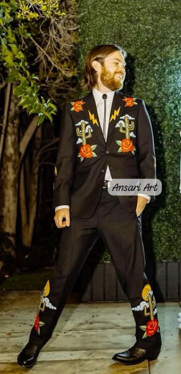 Other Men Black 2Pc Customized Floral Cactus Embroidered Outfit Size 44L - 2 Thumbnail