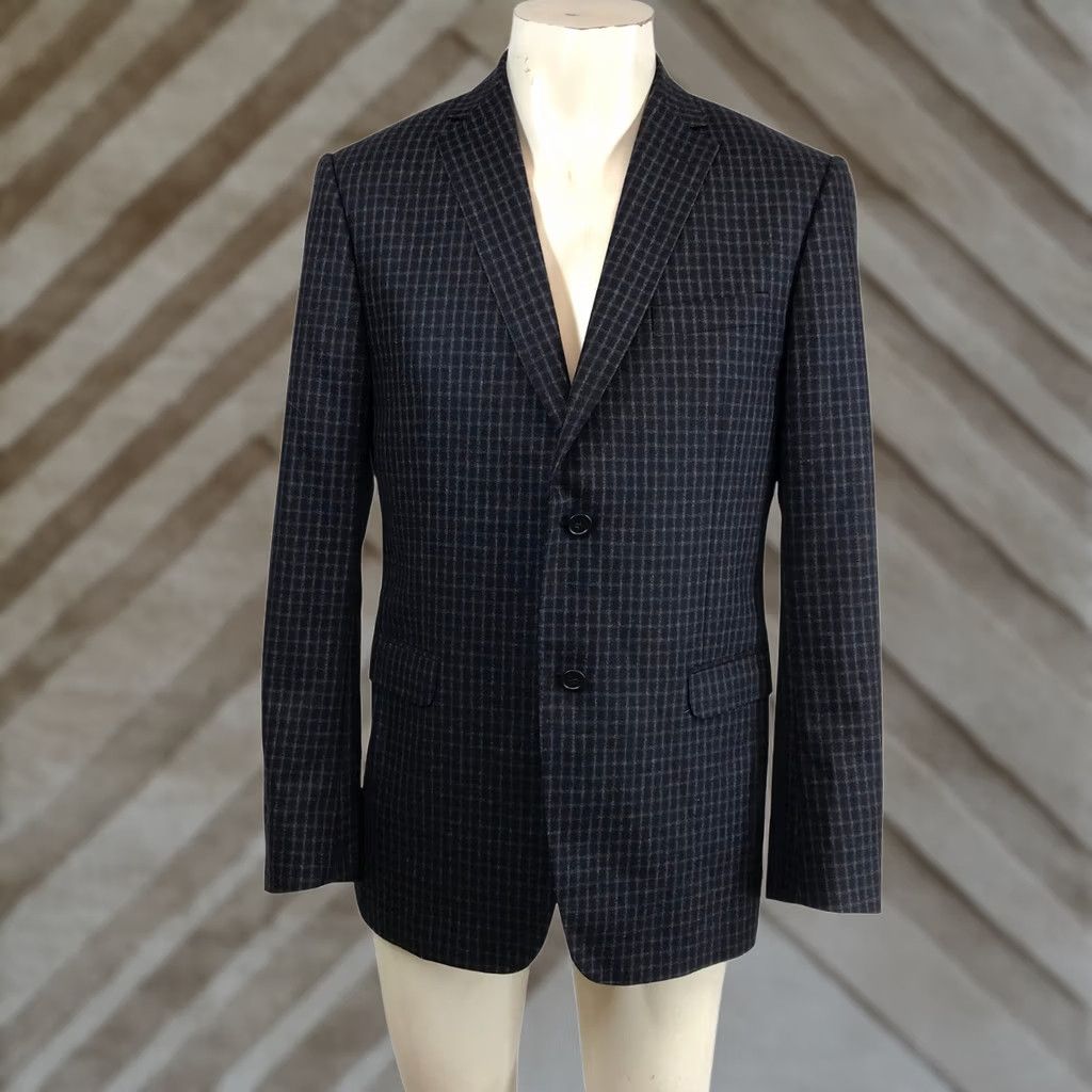 Z Zegna Z Zegna Navy Grey Wool Blazer Jacket Drop 7 Slim-Style Double-Vented Notch Lapel Two-Button 50 Regular Men’s Small-Pattern Blazer Cardigan? Size 50R - 1 Thumbnail