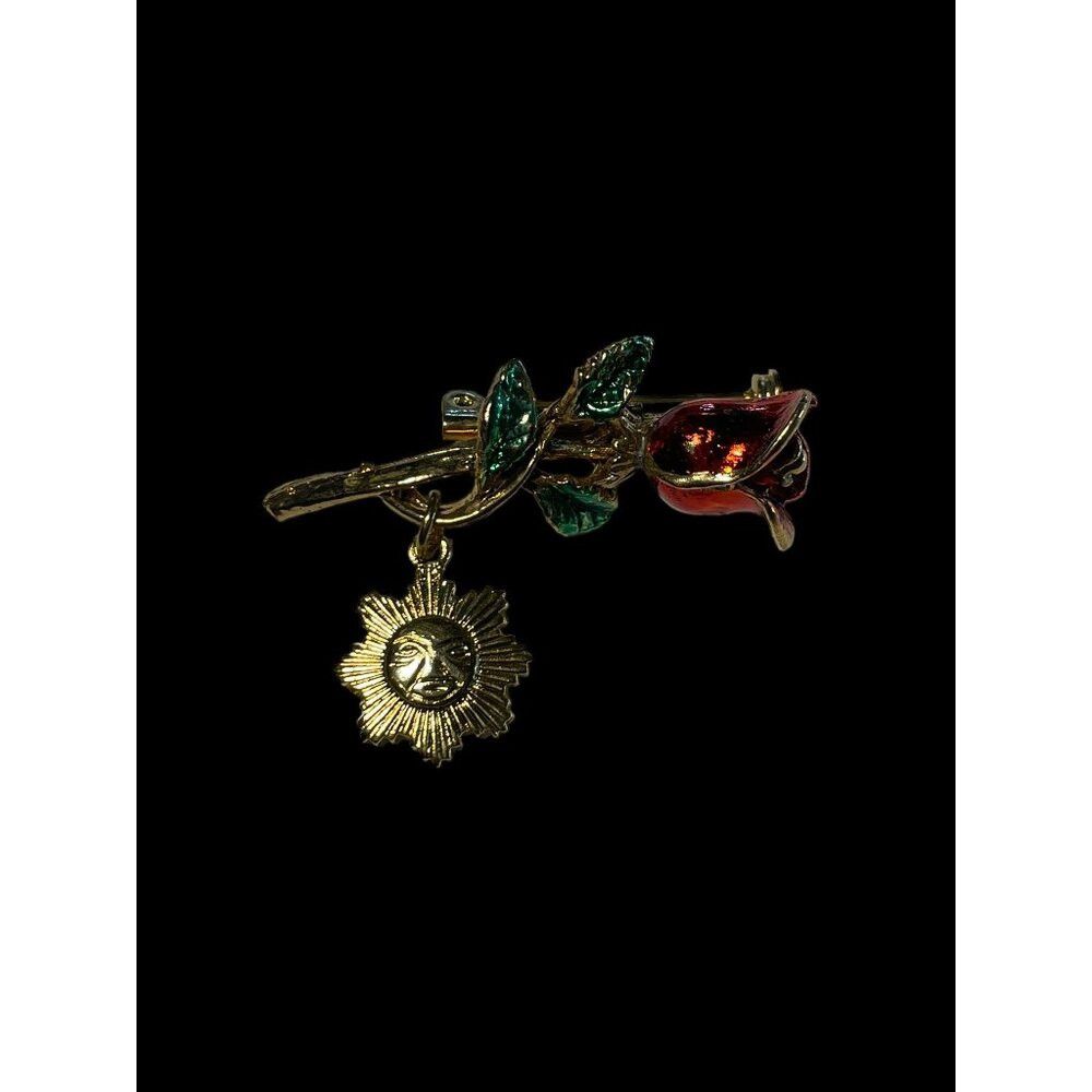 Jewelry × Vintage Vintage Gold Toned Red Rose with Dangling Sun Brooch Pin Size ONE SIZE - 1 Thumbnail