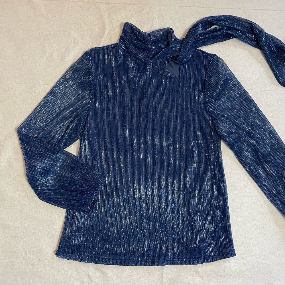 Other NWT New Cable & Gauge Blue Metallic Long Sleeve Tie Neck Bl Size XS / US 0-2 / IT 36-38 - 4 Thumbnail