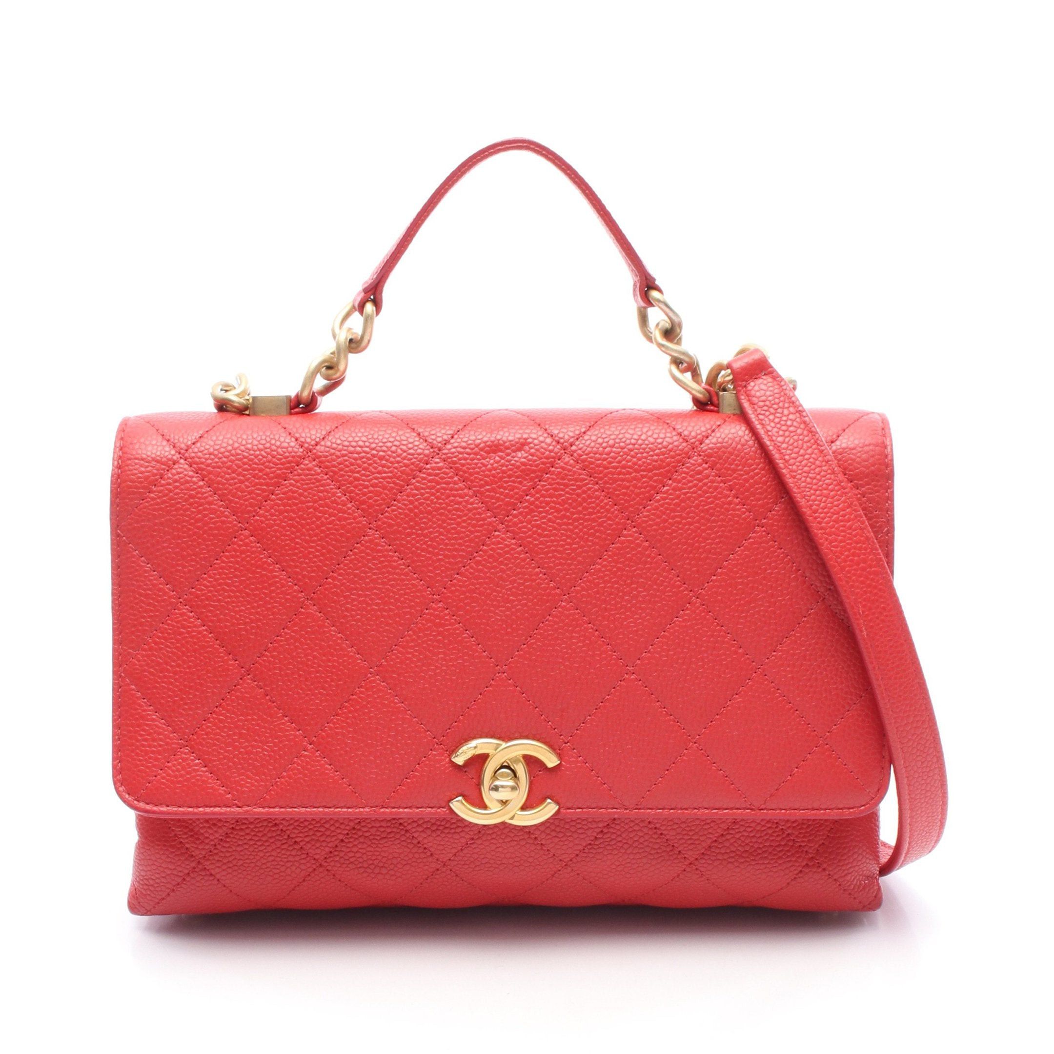 Chanel Matelasse Top Handle Chain Shoulder Bag Caviar Skin Red Gold Hardware