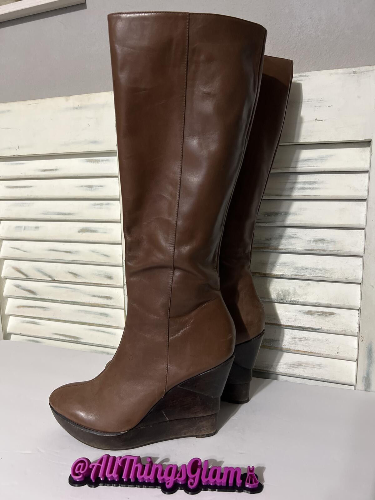 Diane von Furstenberg DVF Brown Leather Wedge Knee-High Boots Gold Zipper 8.5 Size US 8.5 / IT 38.5 - 1 Thumbnail
