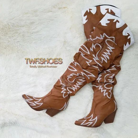 Other CR Kelsey 21 Rock Star Tan & White Western Slouch OTK Thigh Size US 11 / IT 41 - 1 Thumbnail
