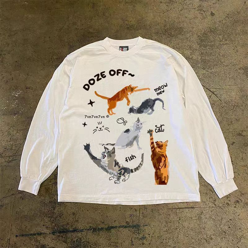 Japanese Brand White retro cartoon cat print long-sleeved t-shirt Size US M / EU 48-50 / 2 - 1 Thumbnail