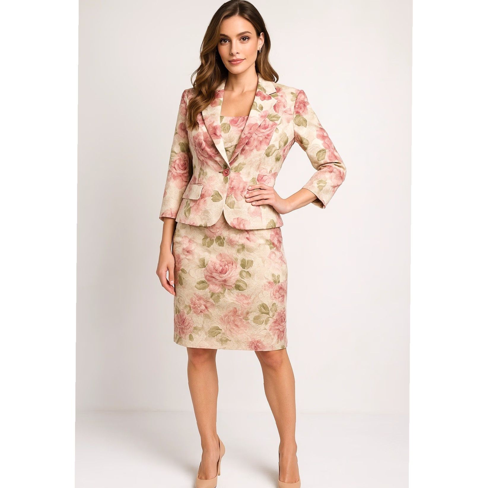 VINTAGE Newport News Jacket Dress Set Womens 10 Pink Green Floral Jacquard  Formal Retro