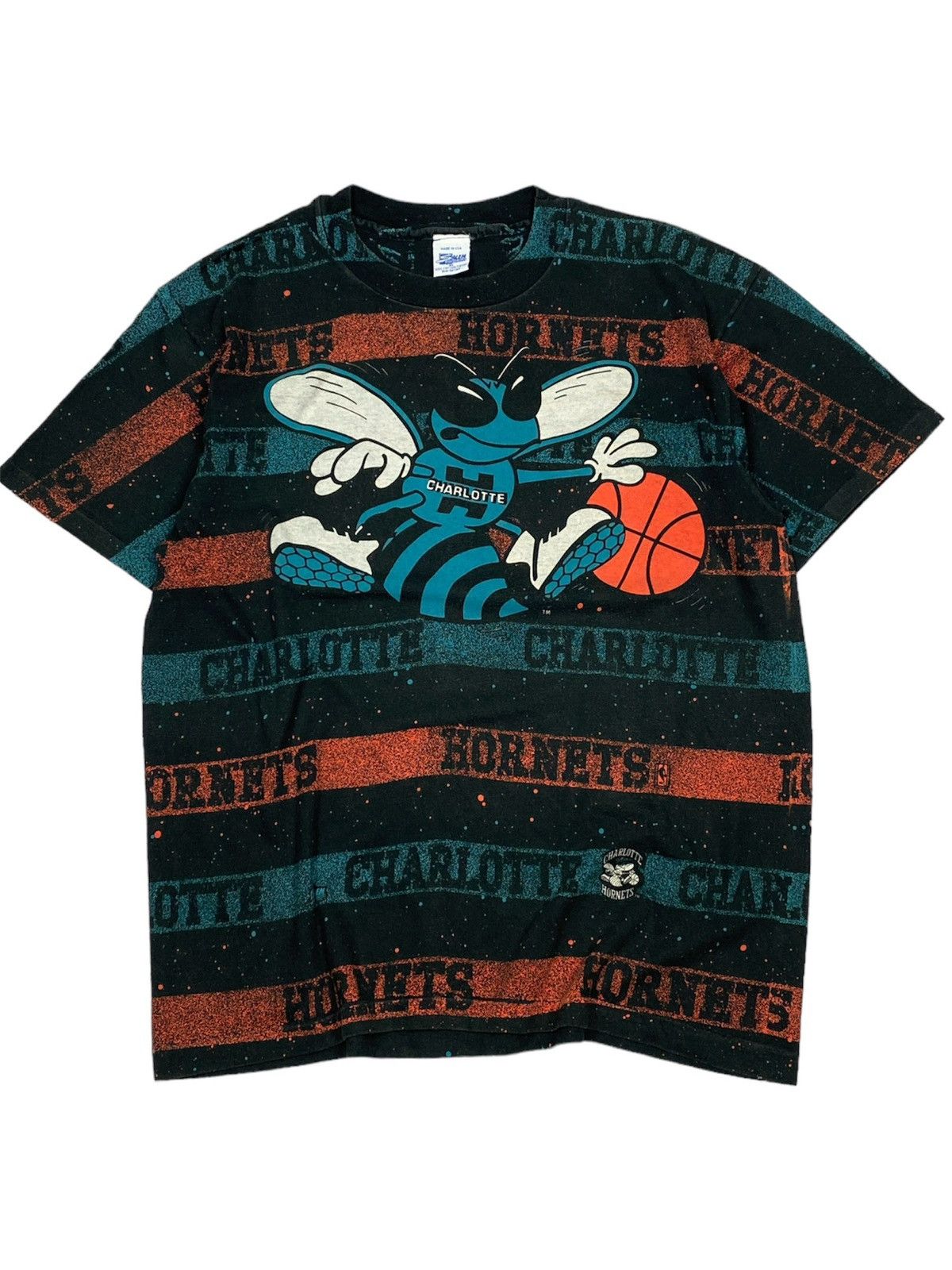 image of NBA x Salem Vintage Charlotte Hornets All Over Print 90's Tee Size XL in Black, Men's