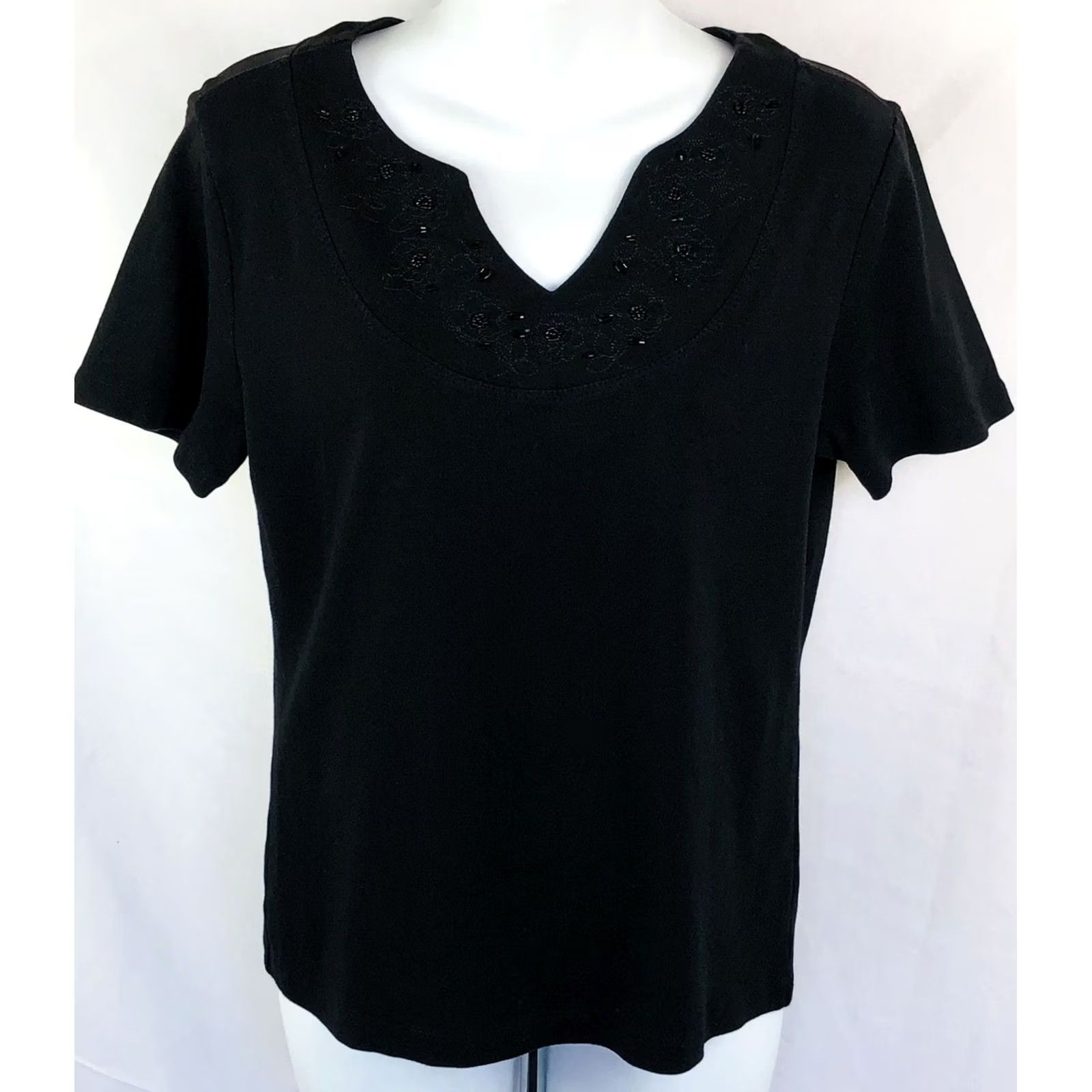 Vintage Karen Scott Black Beaded V-Neck Short Sleeve T-Shirt S Casual Womens Size S / US 4 / IT 40 - 5 Thumbnail