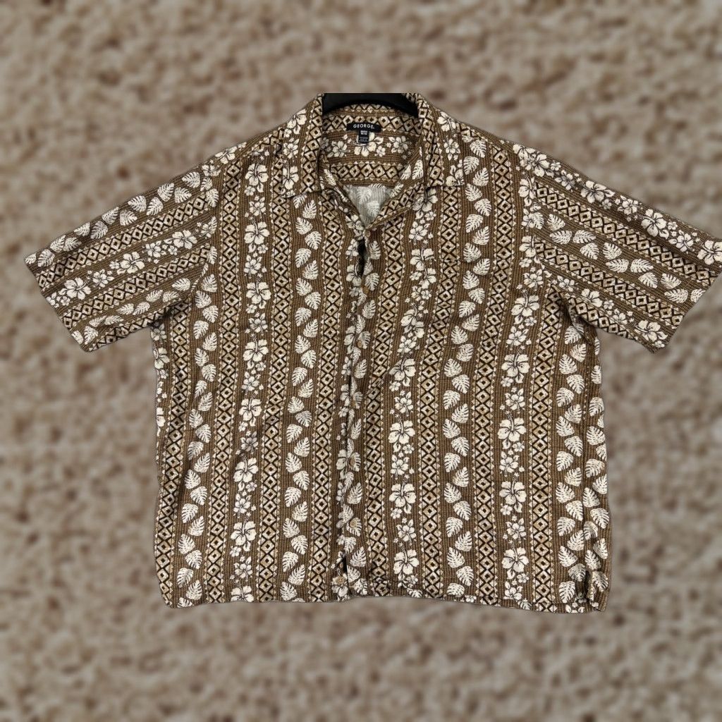 George VINTAGE George Shirt Adult 2XL Brown Floral Stripe 100% Rayon Hawaiian Pocket Button-Up Short Sleeve Mens Size US XXL / EU 58 / 5 - 1 Thumbnail
