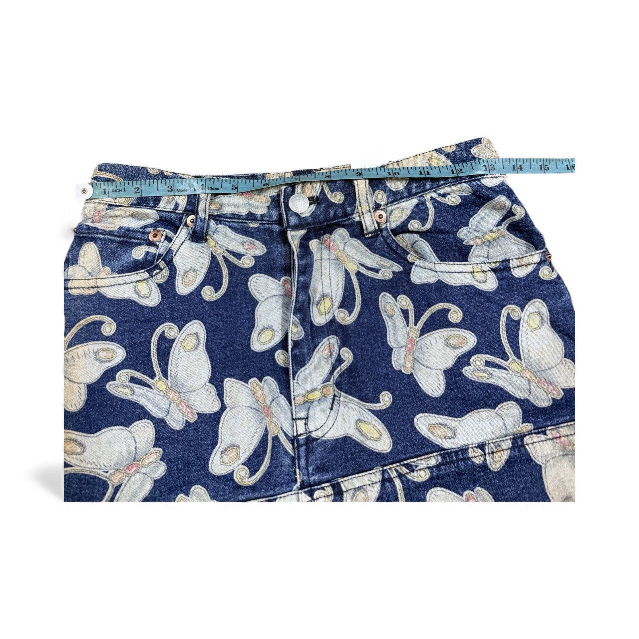 Vtg🔥Chevignon Butterfly All Over Print Jeans Skirt