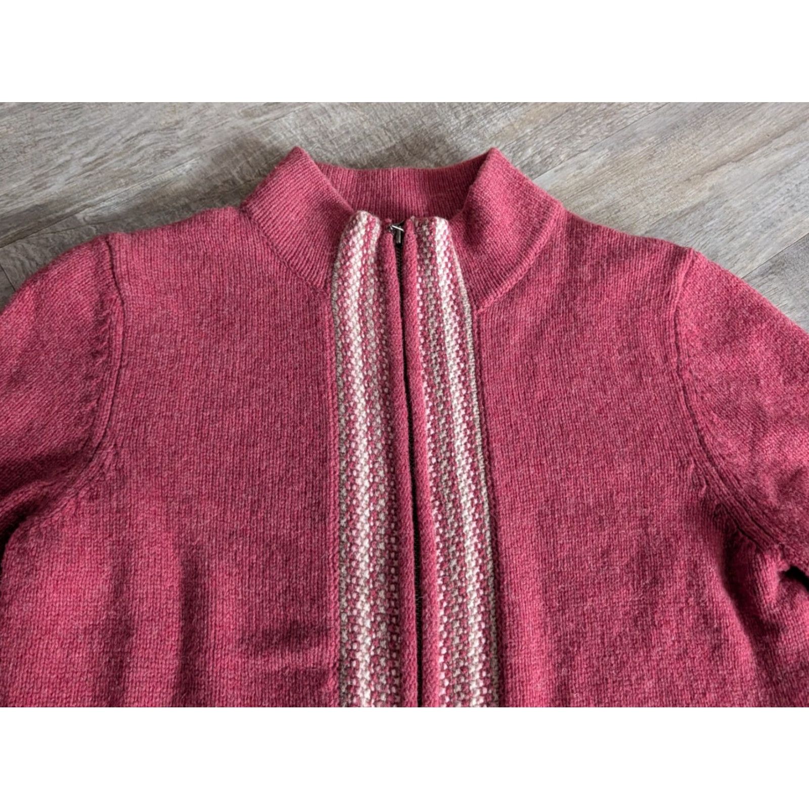 Vintage LL Bean Lambswool Cardigan Sweater Womens Medium Maroon Full Zip Striped Size M / US 6-8 / IT 42-44 - 2 Thumbnail