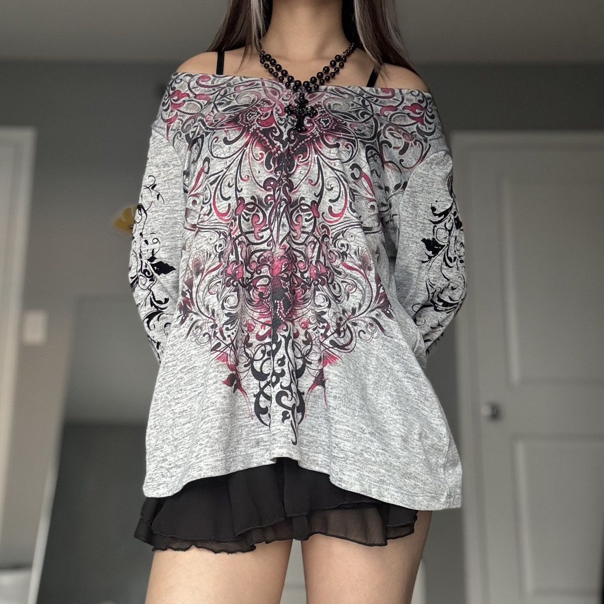Avenue Cyber Y2K Pink & Grey Studded Fleur De Lys Longsleeve Top Size L / US 10 / IT 46 - 11 Thumbnail