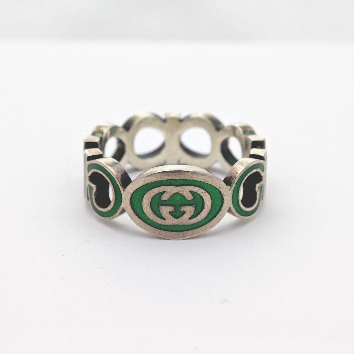 Gucci Interlocking G Sterling Silver Green Enamel Cut-Out Ring Size ONE SIZE - 2 Thumbnail