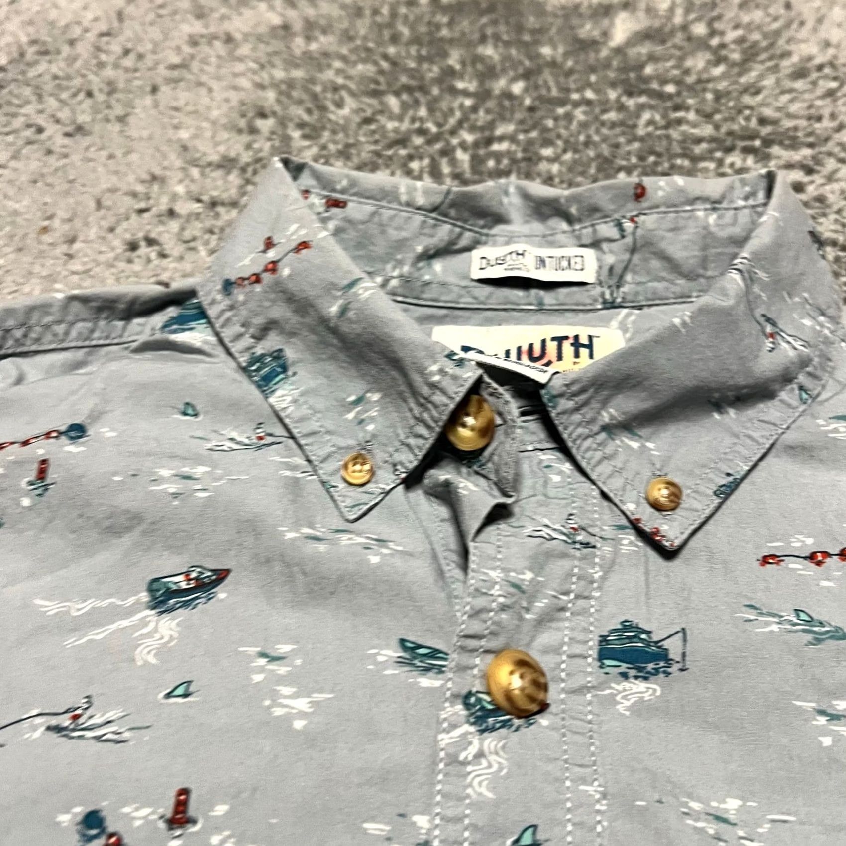 Duluth Trading Company DULUTH Shirt Men Large Gray Blue Fishing Boat All Over Print BBQ Short Sleeve Size US L / EU 52-54 / 3 - 3 Thumbnail