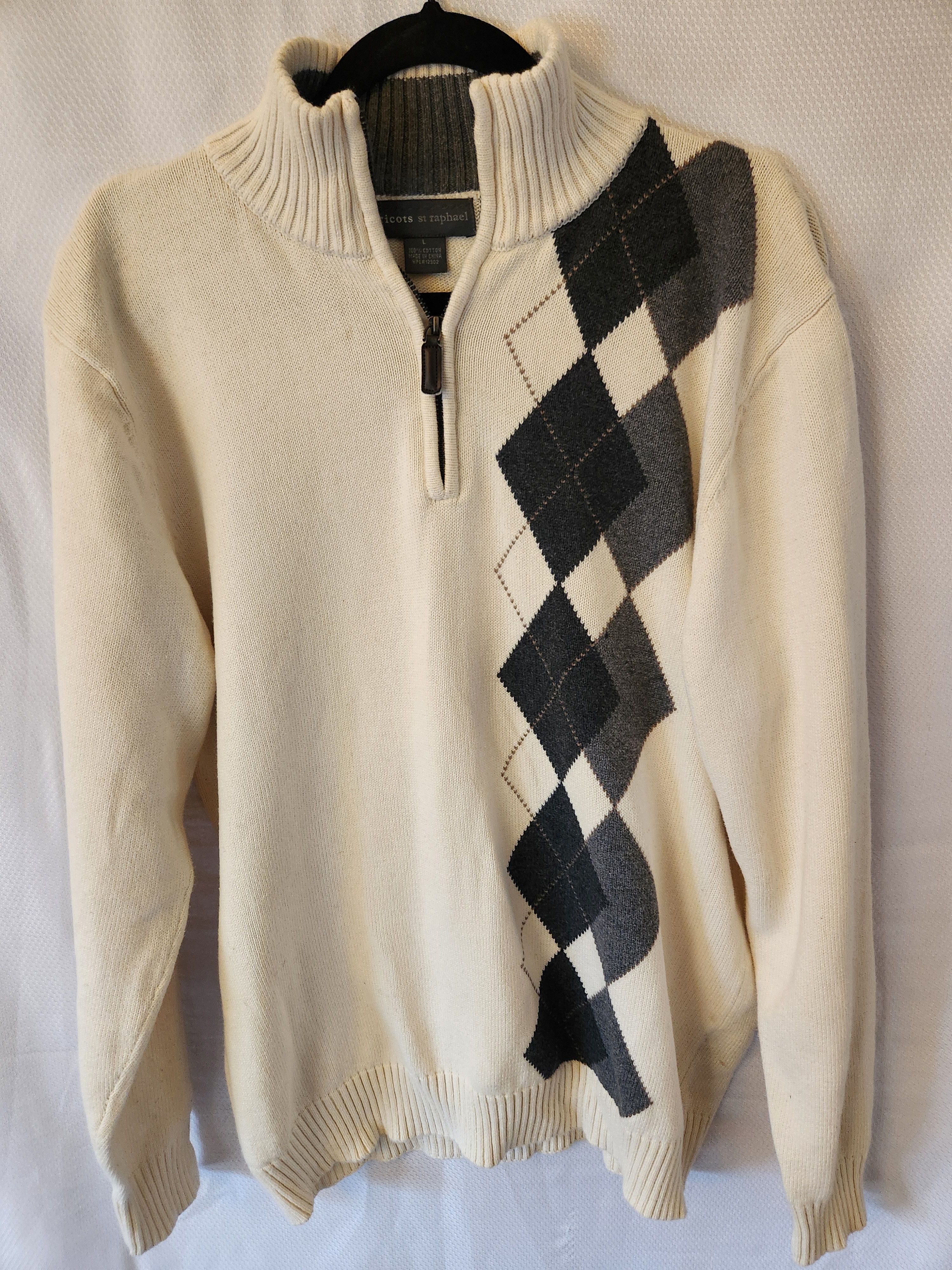 Tricots St. Raphael Men's 100% Cotton Argyle 1/4 Zip Pullover Sweater L. Size US L / EU 52-54 / 3 - 1 Thumbnail