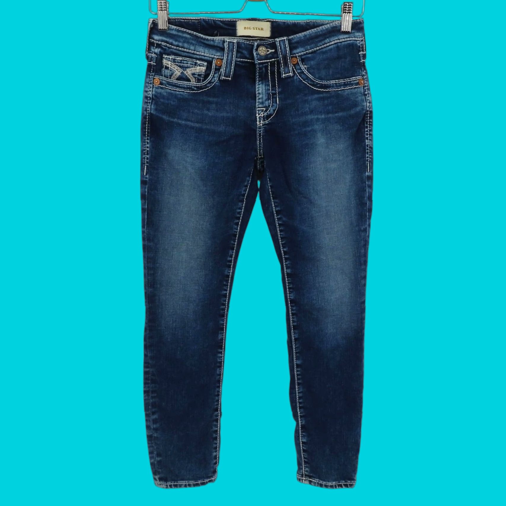 Denime BIG STAR Jeans Women Cropped Denim 26 5-Pocket Embroidered Pockets Seams Blue Cotton Denim Crop Size 26" / US 2 / IT 38 - 1 Thumbnail