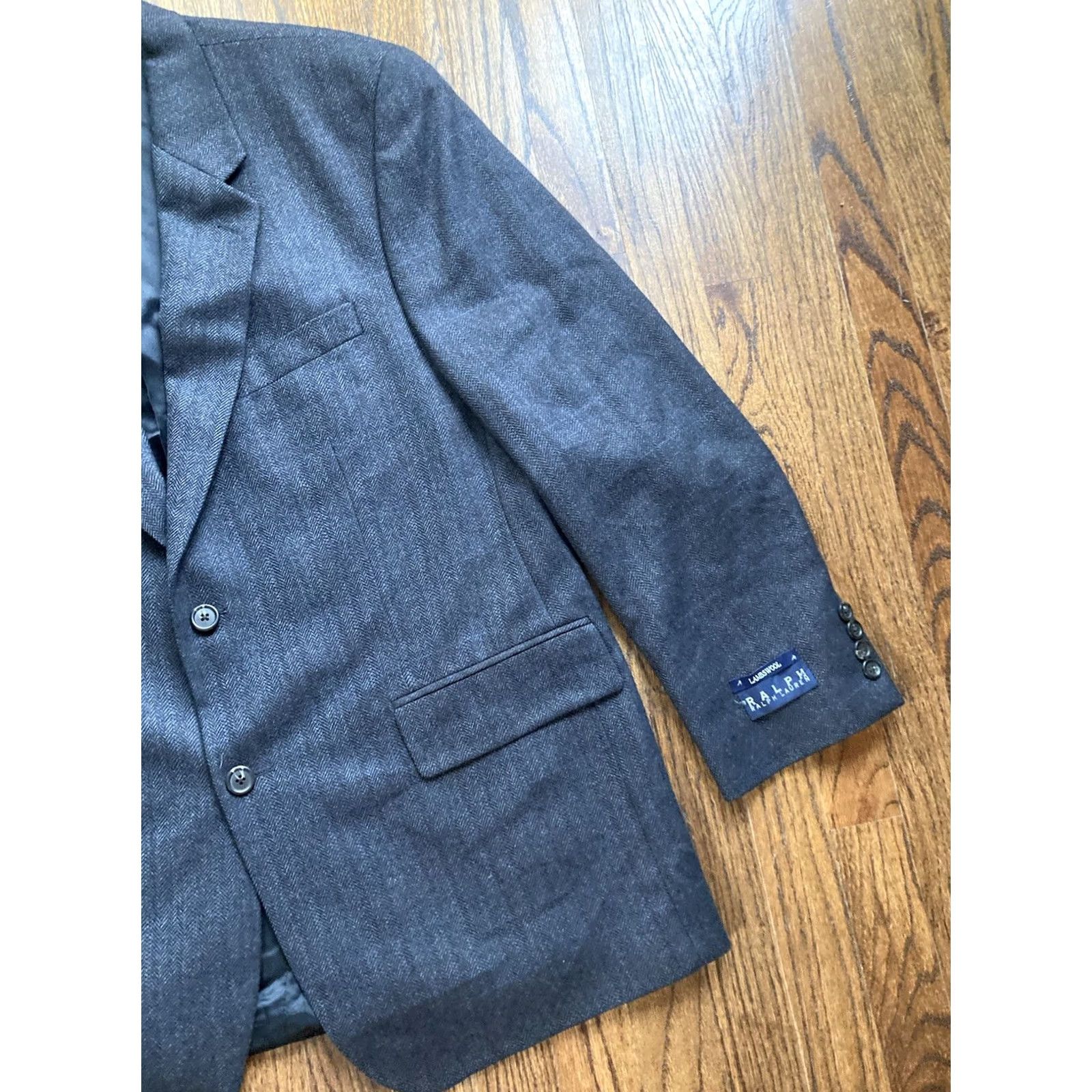 Ralph Lauren Ralph Lauren Blazer Mens 44R Herringbone Wool Dark Gray Notch Lapel 3-Button Jacket Coat Regular Size 44 2 Piece Vintage No Brown/Gray? Size 44R - 3 Thumbnail