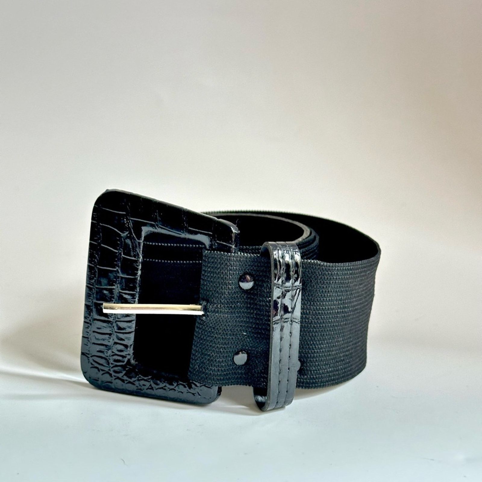 Vintage Vintage 80’s Black Faux Croc Shiny Buckle Stretch Belt Size ONE SIZE - 2 Thumbnail