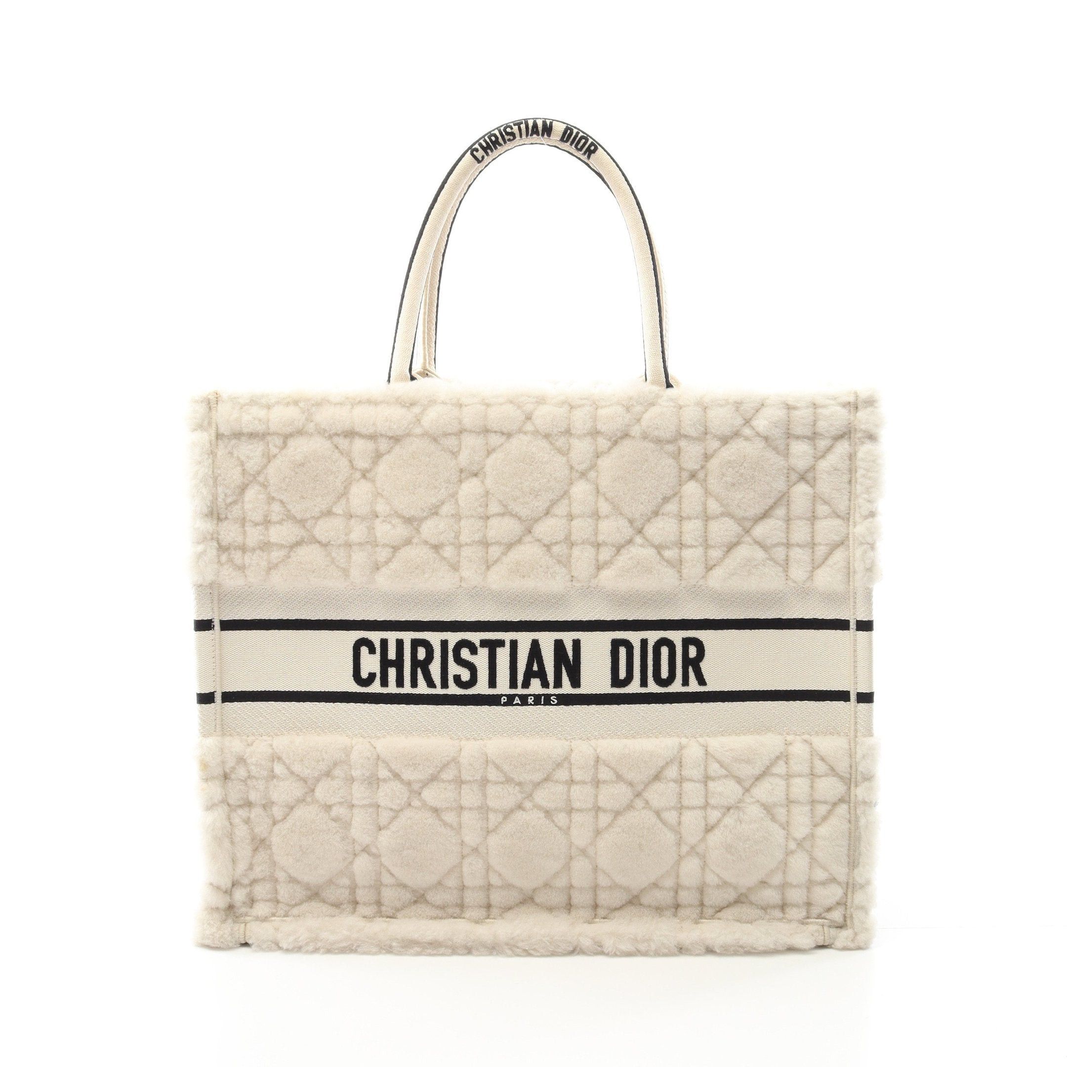 Dior Book Tote Large Handbag Bag Shearling Canvas Off White Black, Women's