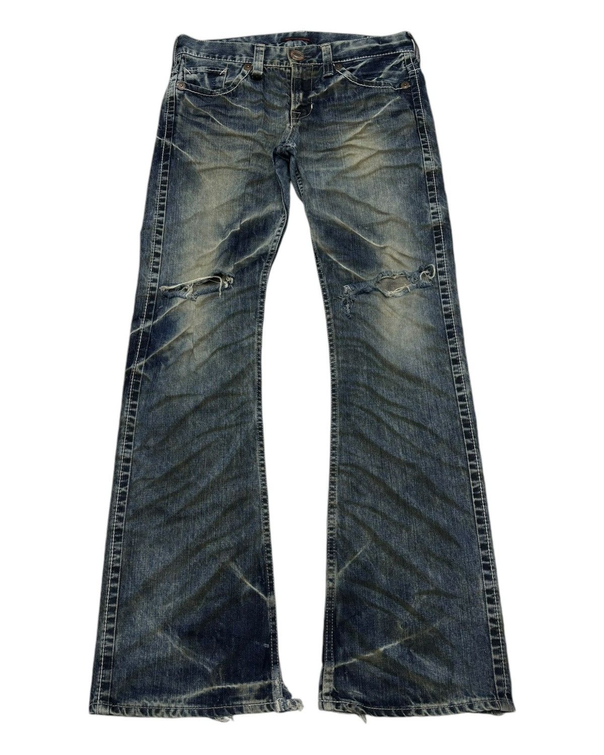 Hysteric Glamour 🔥HYSTERIC GLAMOUR STYLE BLUE WAY WHISKER FLARED JEANS RIP Size US 32 / EU 48 - 3 Thumbnail