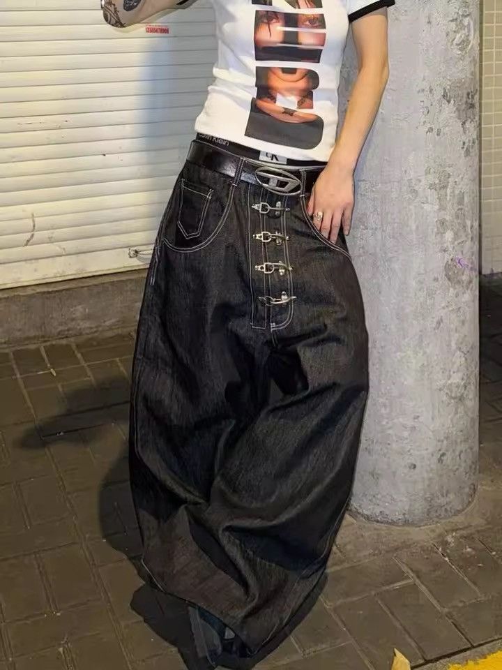 Jean Streetwear Metal Buckle Wide Leg Retro Style Jeans Pants Size 27" / US 4 / IT 40 - 3 Thumbnail