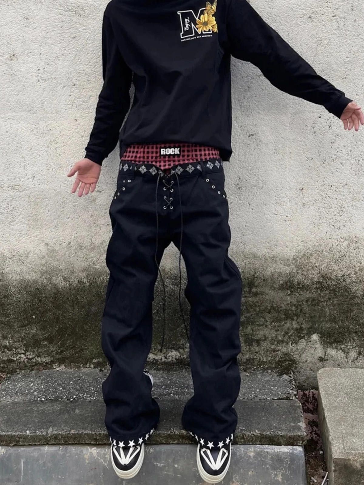 Other Black Baggy Wide Leg Jeans with Plaid Double Waistband Size US 28 / EU 44 - 2 Thumbnail