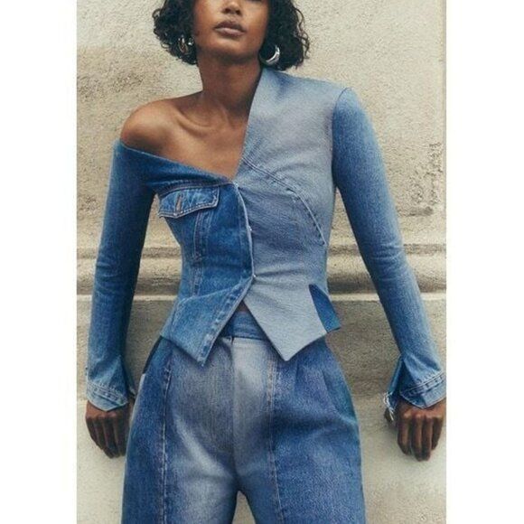A.W.A.K.E. MODE A.W.A.K.E. MODE Upcycled Denim Off Shoulder Top Jean Jacket Size XS / US 0-2 / IT 36-38 - 1 Thumbnail