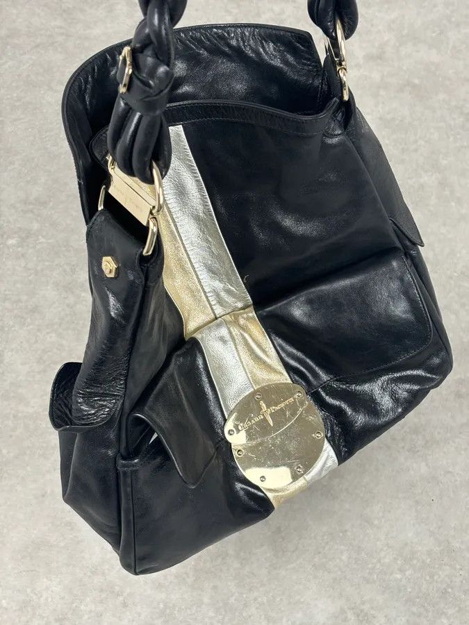 Vintage Cesare Paciotti Black Gold Stripe Leather Shoulder Bag Size ONE SIZE - 12 Thumbnail