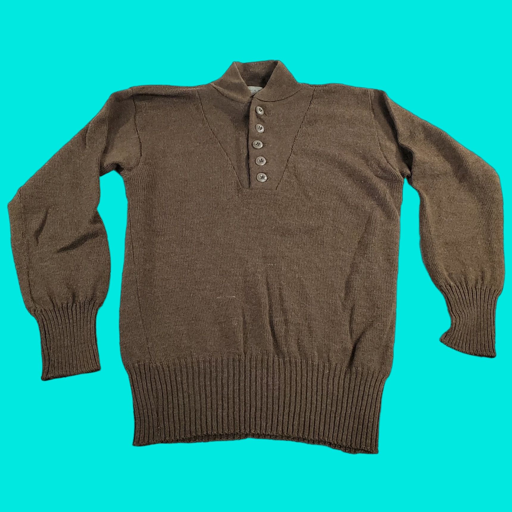 Vintage Military Sweater Mens Medium Green Wool Knit Pullover Henley 8405 00 163 8906 Size US M / EU 48-50 / 2 - 1 Thumbnail