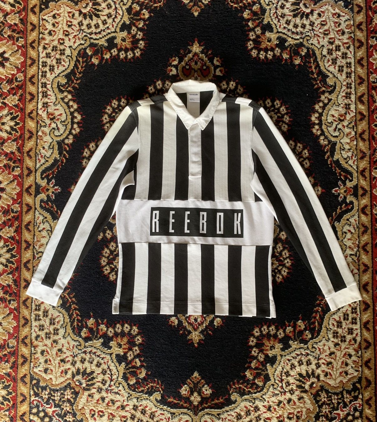 Reebok Mens Black Vertical Black Long Sleeve Polo Rugby