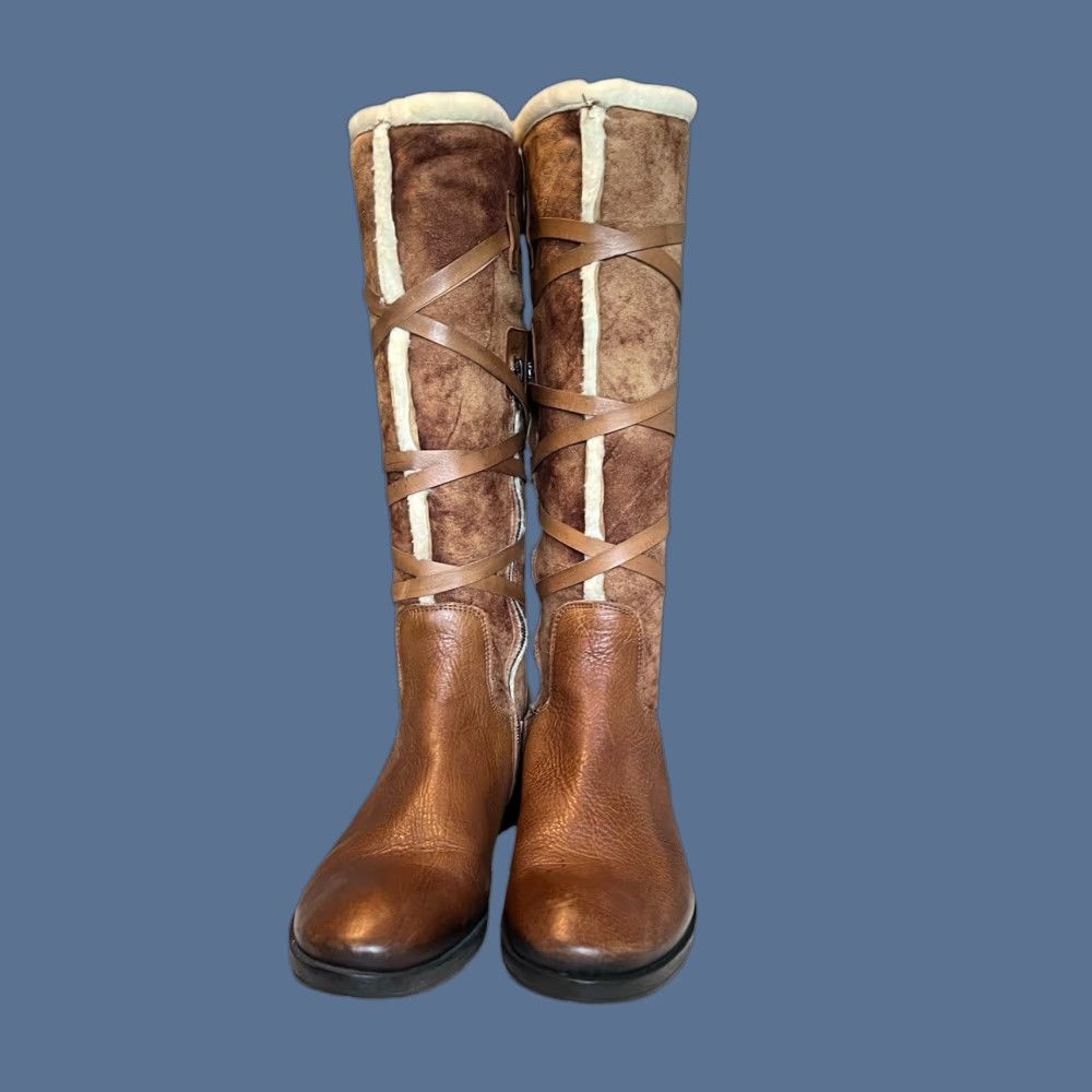Vintage Vic Matie Boots Women Knee High Leather Brown Shearling Lined Strap Zip 39 9 Size US 9 / IT 39 - 1 Thumbnail